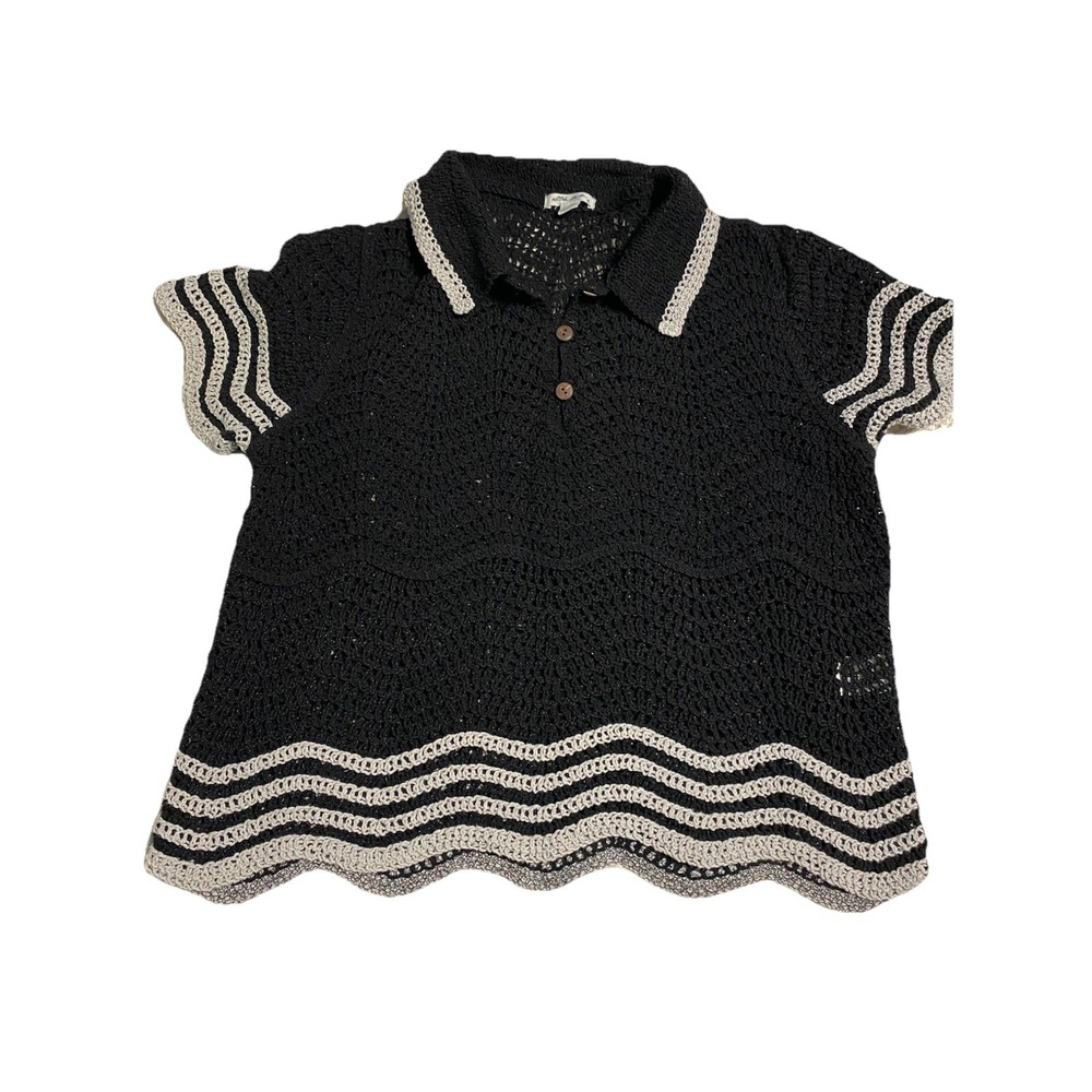 Ultra Pink Crochet Polo Sweater Top Short Sleeve Black Gray Wave Scallop Small